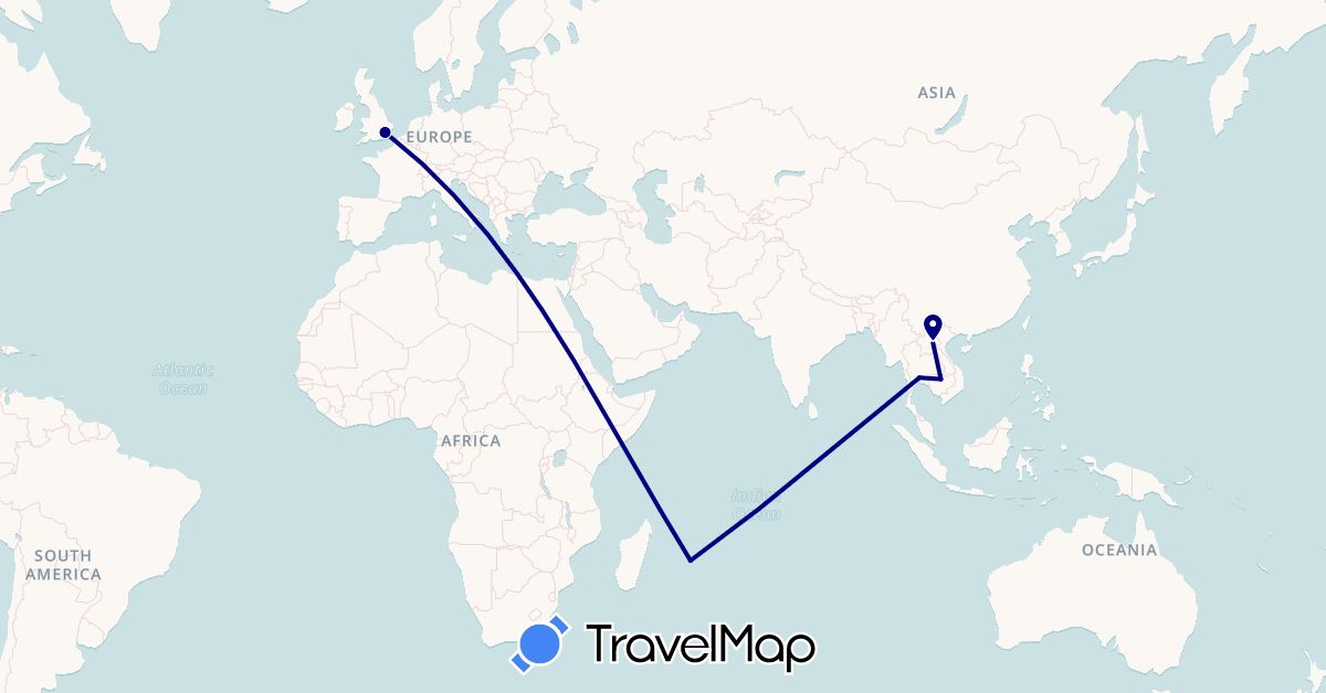 TravelMap itinerary: driving in United Kingdom, Cambodia, Laos, Mauritius, Thailand (Africa, Asia, Europe)
